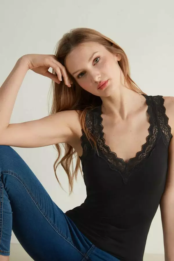 Tezenis Lace Wide Strap V-Neck Viscose Camisole 3 Tezenis Lace Wide Strap V-Neck Viscose Camisole - Image 3