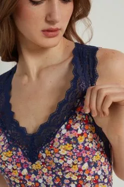 Tezenis Lace Wide Strap V-Neck Printed Viscose Camisole -Outlet Tops Store 1MC172AT262V DT1W
