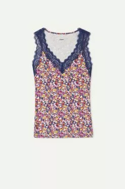 Tezenis Lace Wide Strap V-Neck Printed Viscose Camisole -Outlet Tops Store 1MC172AT262V F