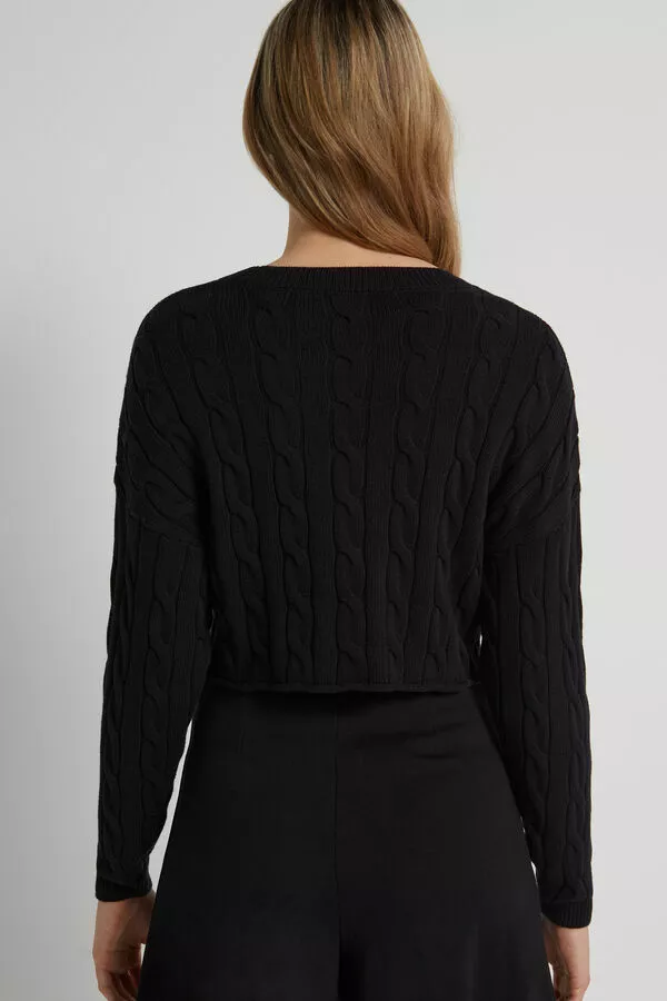 Tezenis Cropped Long-Sleeve Cable Knit Sweater In Fully-Fashioned Cotton 2 Tezenis Cropped Long-Sleeve Cable Knit Sweater In Fully-Fashioned Cotton - Image 2