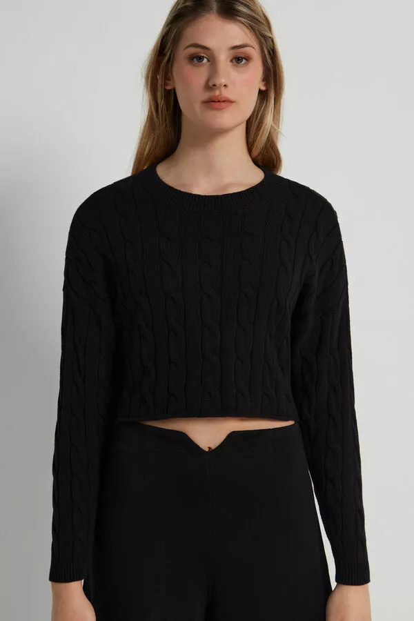 Tezenis Cropped Long-Sleeve Cable Knit Sweater In Fully-Fashioned Cotton 1 Tezenis Cropped Long-Sleeve Cable Knit Sweater In Fully-Fashioned Cotton