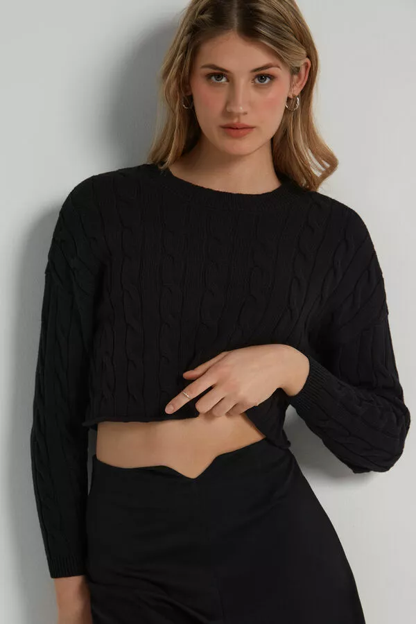 Tezenis Cropped Long-Sleeve Cable Knit Sweater In Fully-Fashioned Cotton 3 Tezenis Cropped Long-Sleeve Cable Knit Sweater In Fully-Fashioned Cotton - Image 3