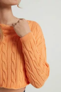 Tezenis Cropped Long-Sleeve Cable Knit Sweater In Fully-Fashioned Cotton -Outlet Tops Store 1ML1353253V DT1W