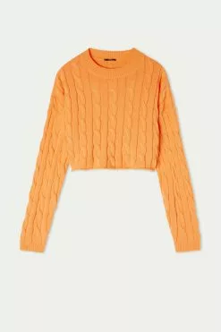 Tezenis Cropped Long-Sleeve Cable Knit Sweater In Fully-Fashioned Cotton -Outlet Tops Store 1ML1353253V F