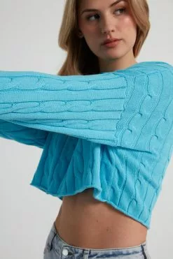 Tezenis Cropped Long-Sleeve Cable Knit Sweater In Fully-Fashioned Cotton -Outlet Tops Store 1ML1353257V DT1W