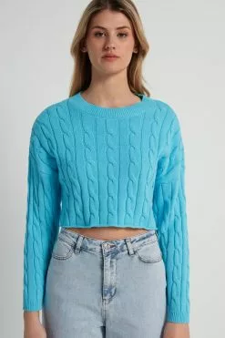 Tezenis Cropped Long-Sleeve Cable Knit Sweater In Fully-Fashioned Cotton