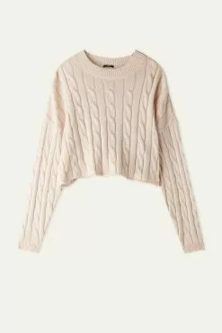 Tezenis Cropped Long-Sleeve Cable Knit Sweater In Fully-Fashioned Cotton -Outlet Tops Store 1ML1353315V F