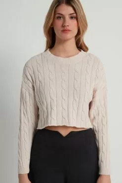 Tezenis Cropped Long-Sleeve Cable Knit Sweater In Fully-Fashioned Cotton