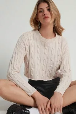 Tezenis Cropped Long-Sleeve Cable Knit Sweater In Fully-Fashioned Cotton -Outlet Tops Store 1ML1353315V M