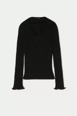 Tezenis Ribbed Long-Sleeve V-Neck Sweater -Outlet Tops Store 1ML1360019 F