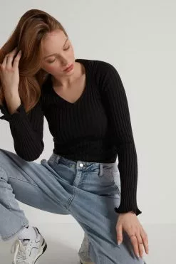 Tezenis Ribbed Long-Sleeve V-Neck Sweater -Outlet Tops Store 1ML1360019 M