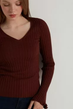 Tezenis Ribbed Long-Sleeve V-Neck Sweater -Outlet Tops Store 1ML1360314V DT1W