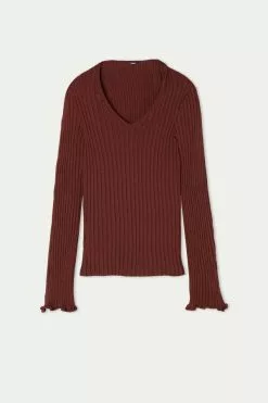 Tezenis Ribbed Long-Sleeve V-Neck Sweater -Outlet Tops Store 1ML1360314V F