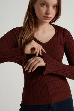 Tezenis Ribbed Long-Sleeve V-Neck Sweater -Outlet Tops Store 1ML1360314V M