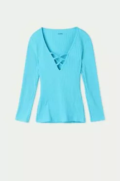 Tezenis Long-Sleeve Ribbed V-Neck Sweater With Criss-Cross Detail -Outlet Tops Store 1ML1582257V F