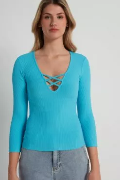 Tezenis Long-Sleeve Ribbed V-Neck Sweater With Criss-Cross Detail