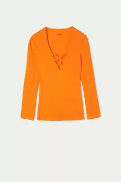 Tezenis Long-Sleeve Ribbed V-Neck Sweater With Criss-Cross Detail -Outlet Tops Store 1ML1582322V F