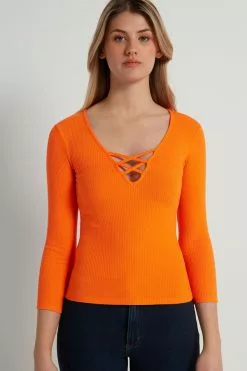 Tezenis Long-Sleeve Ribbed V-Neck Sweater With Criss-Cross Detail