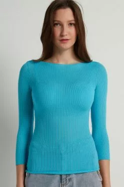 Tezenis 3/4-Length-Sleeve Ultralight Ribbed Cotton Boat-Neck Top