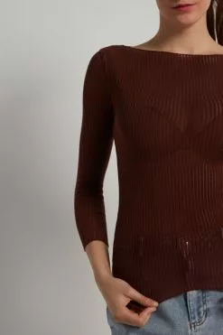 Tezenis 3/4-Length-Sleeve Ultralight Ribbed Cotton Boat-Neck Top -Outlet Tops Store 1ML1585314V DT1W