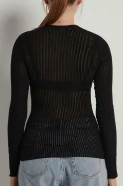 Tezenis Long-Sleeve Crew-Neck Ultralight Ribbed Cotton Cut-Out Top -Outlet Tops Store 1ML1586019 BI