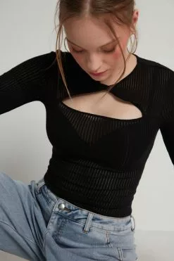 Tezenis Long-Sleeve Crew-Neck Ultralight Ribbed Cotton Cut-Out Top -Outlet Tops Store 1ML1586019 M