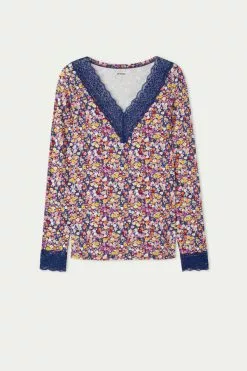 Tezenis V Neck Long Sleeve Top With Lace -Outlet Tops Store 1ML17DT262V F