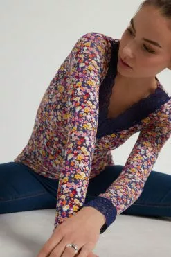 Tezenis V Neck Long Sleeve Top With Lace -Outlet Tops Store 1ML17DT262V M