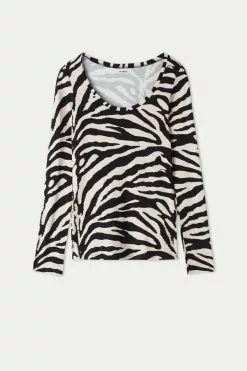 Tezenis Wide Neck Long Sleeve Top In Printed Viscose -Outlet Tops Store 1ML537T306V F