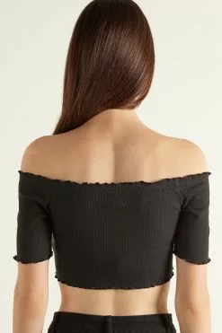 Tezenis Half Sleeve Lettuce Leaf Trim Ribbed Crop Top -Outlet Tops Store 1MM1272019 BI