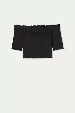 Tezenis Half Sleeve Lettuce Leaf Trim Ribbed Crop Top -Outlet Tops Store 1MM1272019 F