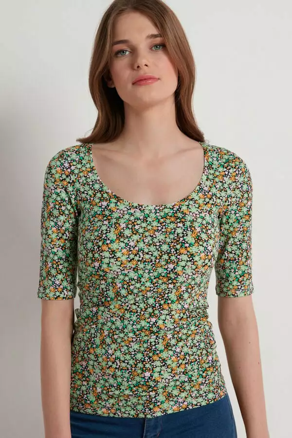 Tezenis Wide Neck Short Sleeve Printed Cotton Top 3 Tezenis Wide Neck Short Sleeve Printed Cotton Top - Image 3