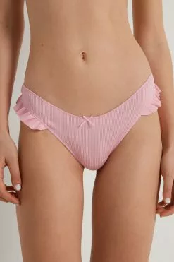 Tezenis High-Cut Ribbed Cotton Brazilian Panties With Ruffles
