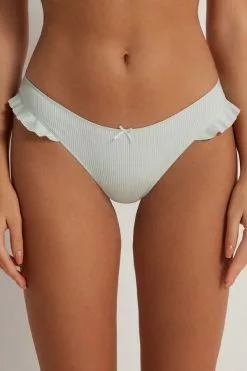 Tezenis High-Cut Ribbed Cotton Brazilian Panties With Ruffles