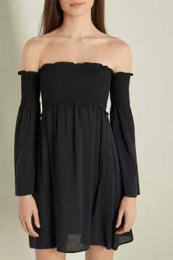 Tezenis Off-the-Shoulder Long Sleeve Plain Weave Dress