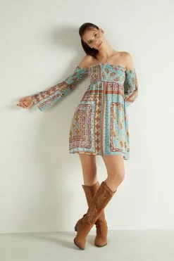 Tezenis Off-the-Shoulder Long Sleeve Plain Weave Dress -Outlet Tops Store 1WA1292842U M