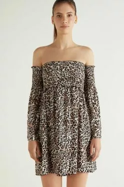 Tezenis Off-the-Shoulder Long Sleeve Plain Weave Dress